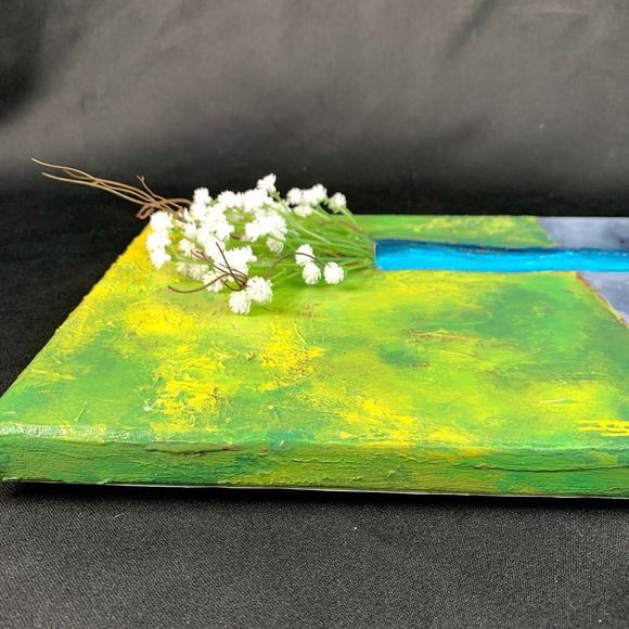 Original Art Floral Mixed Media Acrylic Painting Green Teal White Tall Vase - Picture 4 of 7